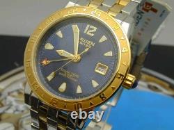 Nos Gruen Dual Time Blue Dial Teo Tone Screw Down Butterfly Clasp Mans Watch