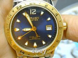 Nos Gruen Dual Time Blue Dial Teo Tone Screw Down Butterfly Clasp Mans Watch