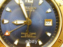 Nos Gruen Dual Time Blue Dial Teo Tone Screw Down Butterfly Clasp Mans Watch