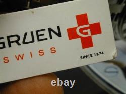 Nos Gruen Dual Time Blue Dial Teo Tone Screw Down Butterfly Clasp Mans Watch