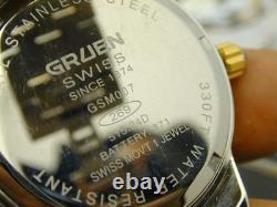 Nos Gruen Dual Time Blue Dial Teo Tone Screw Down Butterfly Clasp Mans Watch