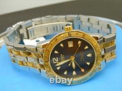Nos Gruen Dual Time Blue Dial Teo Tone Screw Down Butterfly Clasp Mans Watch