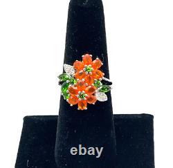 QVC STS Sterling Ring Orange Cluster Rhinestone Flowers Size 7 New Old Stock