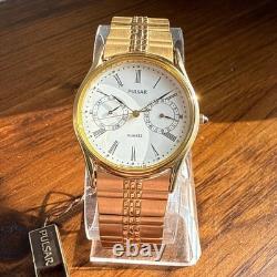 RARE Men's Vintage Pulsar Gold Watch Tone Dual Dial Day/Date V336-7000 NOS