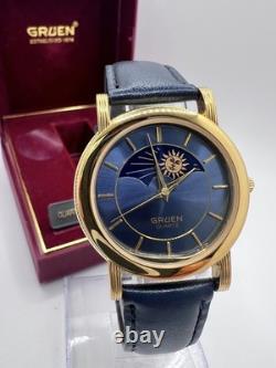 Rare New Old Stock Vintage Gruen Sun Moonphase Men's Watch Quartz Classy Elegant