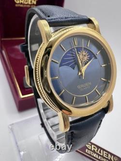 Rare New Old Stock Vintage Gruen Sun Moonphase Men's Watch Quartz Classy Elegant