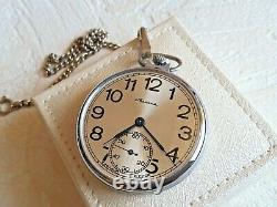 Soviet Molnia pocket watch, 1970's, nearly NOS condition with chain, silver dial