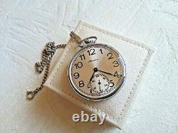 Soviet Molnia pocket watch, 1970's, nearly NOS condition with chain, silver dial