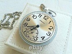 Soviet Molnia pocket watch, 1970's, nearly NOS condition with chain, silver dial