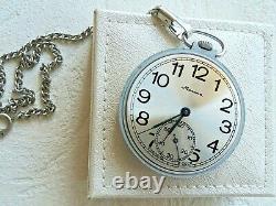 Soviet Molnia pocket watch, 1970's, nearly NOS condition with chain, silver dial