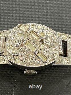 VINTAGE 1940's MAWI WIND-UP RHINESTONE WATCH With CASE AND PAPERWORK NOS RUNS