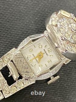 VINTAGE 1940's MAWI WIND-UP RHINESTONE WATCH With CASE AND PAPERWORK NOS RUNS