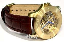 Vintage 39mm Auto Skeleton 17J Goldtone Bezel Brown Strap Invicta Mens Watch