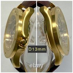 Vintage 39mm Auto Skeleton 17J Goldtone Bezel Brown Strap Invicta Mens Watch