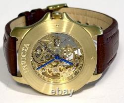 Vintage 39mm Auto Skeleton 17J Goldtone Bezel Brown Strap Invicta Mens Watch