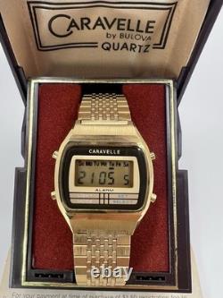 Vintage 80's New Old Stock Caravelle Bulova LCD Watch Gold Electroplated Mens
