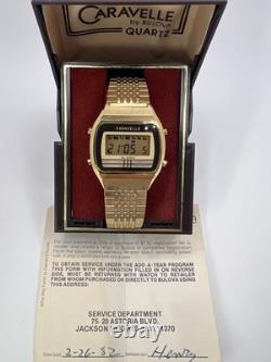 Vintage 80's New Old Stock Caravelle Bulova LCD Watch Gold Electroplated Mens