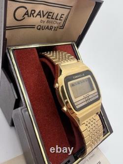 Vintage 80's New Old Stock Caravelle Bulova LCD Watch Gold Electroplated Mens