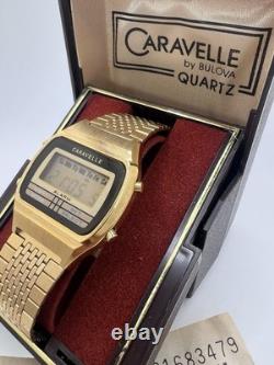 Vintage 80's New Old Stock Caravelle Bulova LCD Watch Gold Electroplated Mens