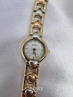 Vintage In/Box New Old Stock Elgin Gold Tone Watch Heart Band Elegant Dainty