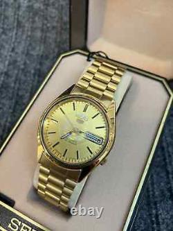 Vintage NEW OLD STOCK Seiko 5 7S26-6009 Day-Date Automatic Gold Tone 34mm Watch