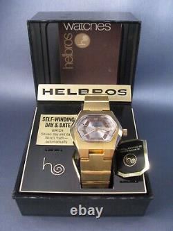 Vintage NOS Helbros Gold Tone Automatic Mens Date Watch & Box 17J Unworn 1970