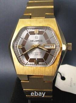 Vintage NOS Helbros Gold Tone Automatic Mens Date Watch & Box 17J Unworn 1970