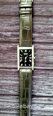 Vintage NOS Men Tank Rectangular Black Leather band Dress Watch Beautiful