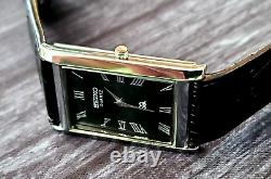 Vintage NOS Men Tank Rectangular Black Leather band Dress Watch Beautiful