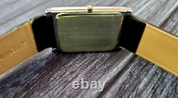 Vintage NOS Men Tank Rectangular Black Leather band Dress Watch Beautiful