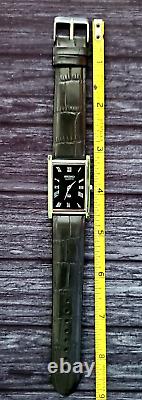 Vintage NOS Men Tank Rectangular Black Leather band Dress Watch Beautiful