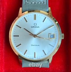 Vintage NOS Omega Geneve 14K Solid Gold Date Manual Wind Wristwatch with Box