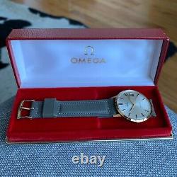 Vintage NOS Omega Geneve 14K Solid Gold Date Manual Wind Wristwatch with Box