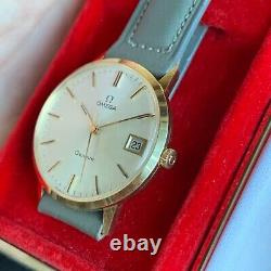 Vintage NOS Omega Geneve 14K Solid Gold Date Manual Wind Wristwatch with Box