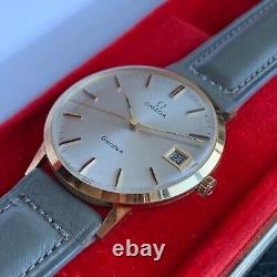 Vintage NOS Omega Geneve 14K Solid Gold Date Manual Wind Wristwatch with Box