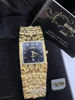 Vintage New Old Stock Benrus Gold Tone Melted Nugget Diamond Quartz
