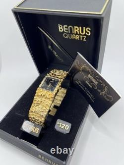Vintage New Old Stock Benrus Gold Tone Melted Nugget Diamond Quartz
