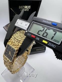 Vintage New Old Stock Benrus Gold Tone Melted Nugget Diamond Quartz