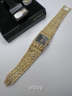 Vintage New Old Stock Benrus Gold Tone Melted Nugget Diamond Quartz