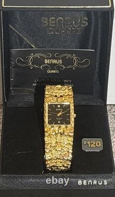 Vintage New Old Stock Benrus Gold Tone Melted Nugget Diamond Quartz New Battery