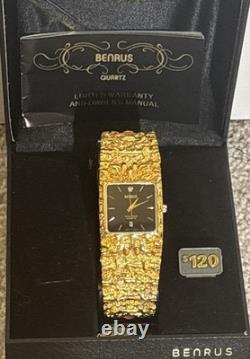 Vintage New Old Stock Benrus Gold Tone Melted Nugget Diamond Quartz New Battery