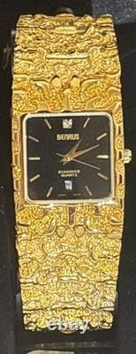 Vintage New Old Stock Benrus Gold Tone Melted Nugget Diamond Quartz New Battery