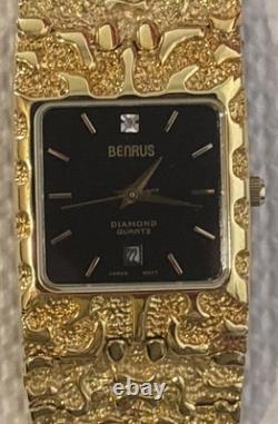 Vintage New Old Stock Benrus Gold Tone Melted Nugget Diamond Quartz New Battery