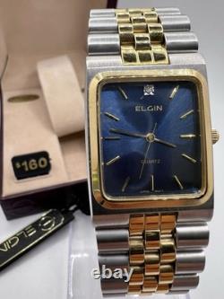 Vintage New Old Stock Elgin Tank Gold Silver Tone Blue Face Men's Watch Classy