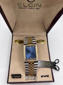 Vintage New Old Stock Elgin Tank Gold Silver Tone Blue Face Men's Watch Classy
