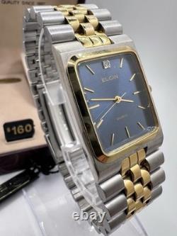 Vintage New Old Stock Elgin Tank Gold Silver Tone Blue Face Men's Watch Classy