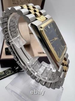 Vintage New Old Stock Elgin Tank Gold Silver Tone Blue Face Men's Watch Classy