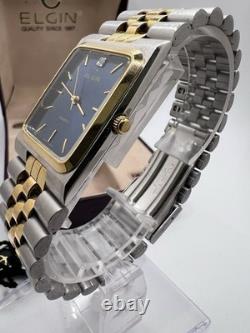 Vintage New Old Stock Elgin Tank Gold Silver Tone Blue Face Men's Watch Classy