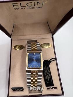 Vintage New Old Stock Elgin Tank Gold Silver Tone Blue Face Men's Watch Classy