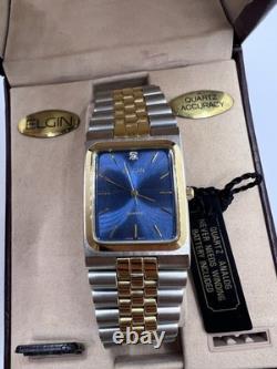 Vintage New Old Stock Elgin Tank Gold Silver Tone Blue Face Men's Watch Classy